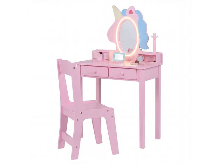 Kinderen Make-uptafel 2-in-1 Eenhoorn-kaptafel met Afneembare Spiegel en 2 Lichtkleuren Roze