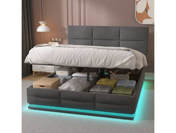 DRIPEX Lit rembourré en Tissu velours 160x200cm Lit double système hydraulique lit de rangement avec lumières LED et port USB Gris