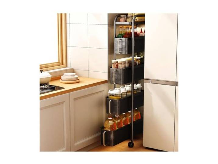 MJJRWF Schmaler Rollwagen mit Ausziehbaren Körben und Feststellbaren Rollen Schmale Bauform, rostfreier Stahlrahmen, 360° Rollen, Ausziehhilfe(Black,23x40x107cm)
