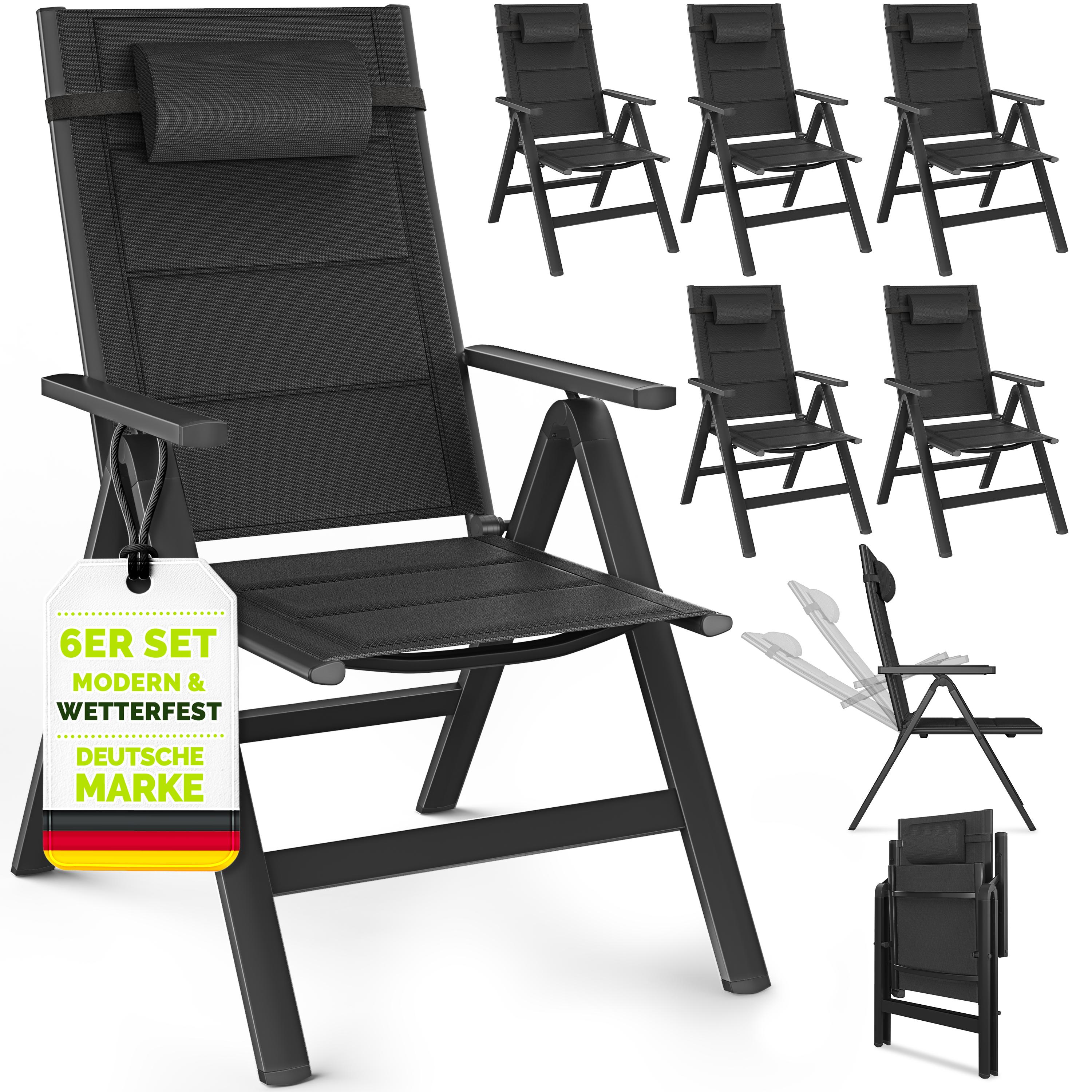 tillvex Gartenstuhl mit Polster Premium 6 Stück Schwarz klappbar aus Aluminium | Hochlehner mit Armlehnen | Klappstuhl verstellbar | Klappsessel Balkon Garten Terrasse