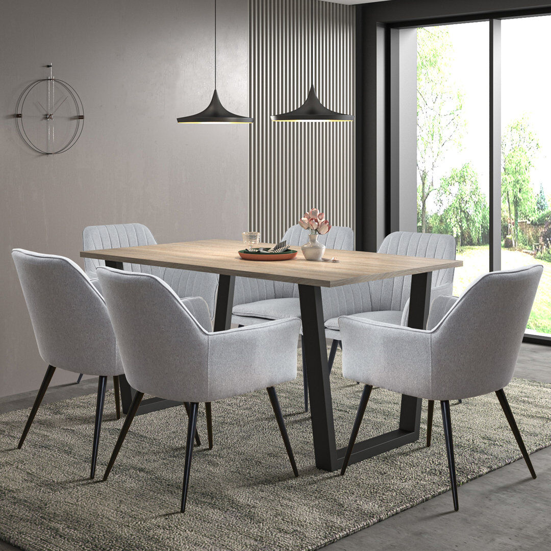 George Oliver Dudley 150Cm Dining Table Set With Grey Fabric Dining Chairs With Armrest Light Oak 6