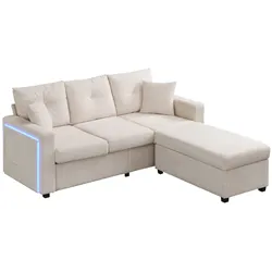 OKWISH L-Form Sofa mit Hocker, 15 cm Rückprallschaum, LED-Beleuchtung, flexibler Hocker als Bett oder Beistelltisch, Cordstoff, 500 kg, Beige, 184x84x851 cm