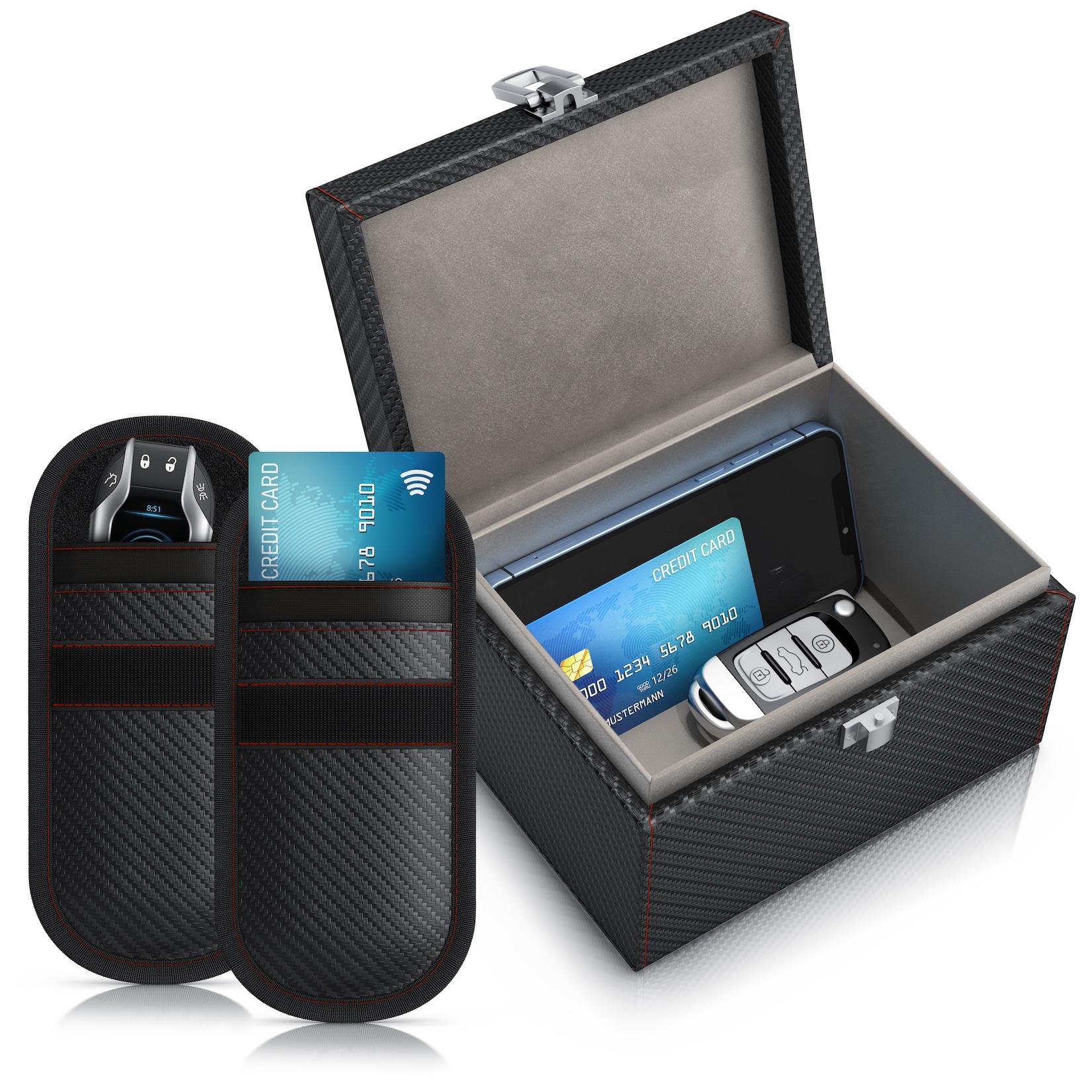 Aplic Schlüsseltasche NFC / RFID Schutzbox, Keyless Go Schutz Box, Autoschlüssel Abschirmung (3-tlg), inkl. 2 x Schlüsselstaschen, SafeBox, Kartentresor, Signal Blocking