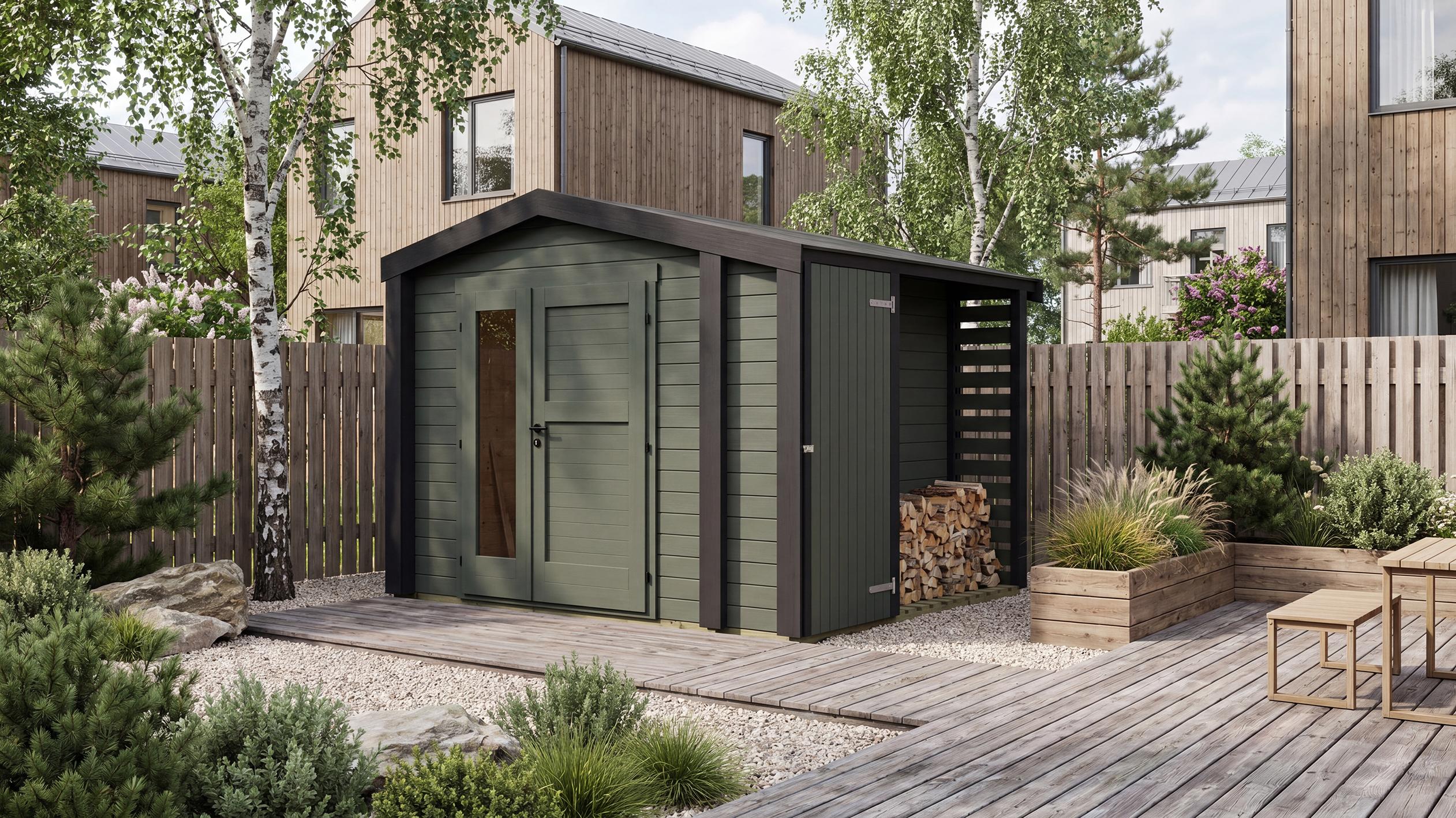 Gartenhaus Killarney, 250x250cm, Grüngrau, 28mm, Regal Holzlager
