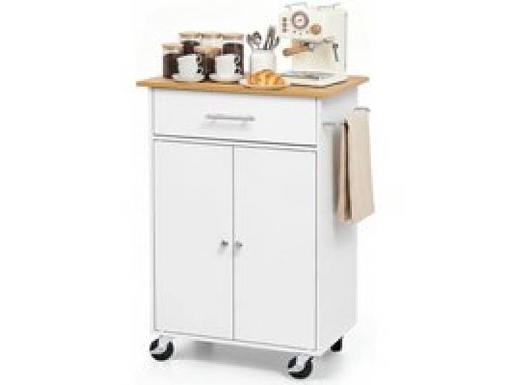 VEVOR Kücheninselwagen mit 1 Schublade & 2 Türen Weiß Mobile Kücheninsel, Küchenwagen mit Schrank, Handtuchhalter, Tischplatte (600 x 380 x 15 mm) & Haken fürs Esszimmer, Küche, Mobiler Servierwagen