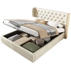 Polsterbett 140x190 aus Velours mit Stauraum, hydraulischem Bettkasten und Lattenrost – elegantes Design, hoher Komfort, Beige
