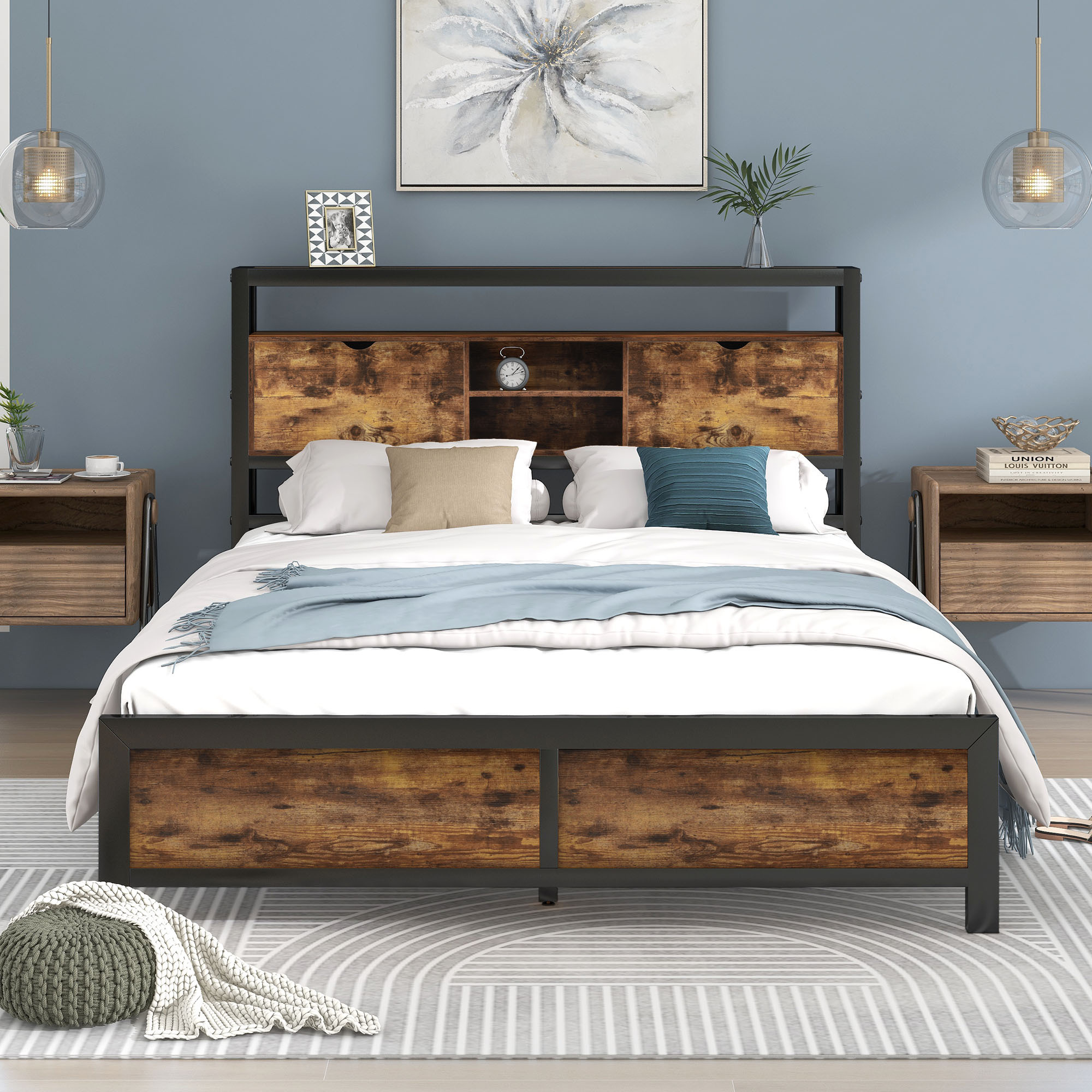 okwish Metallbett Jugendbett Kinderbett 140 x 200 cm mit Stauraum-Kopfteil , Bettrahmen aus Metall, mit Matratze,Schwarz +Natur