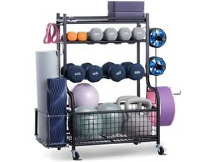 VEVOR Support de rangement pour tapis de yoga, en acier avec revêtement en poudre, organisateur d'équipement d'entraînement à domicile avec crochets et roues, pour rouleau en mousse haltère kettlebell
