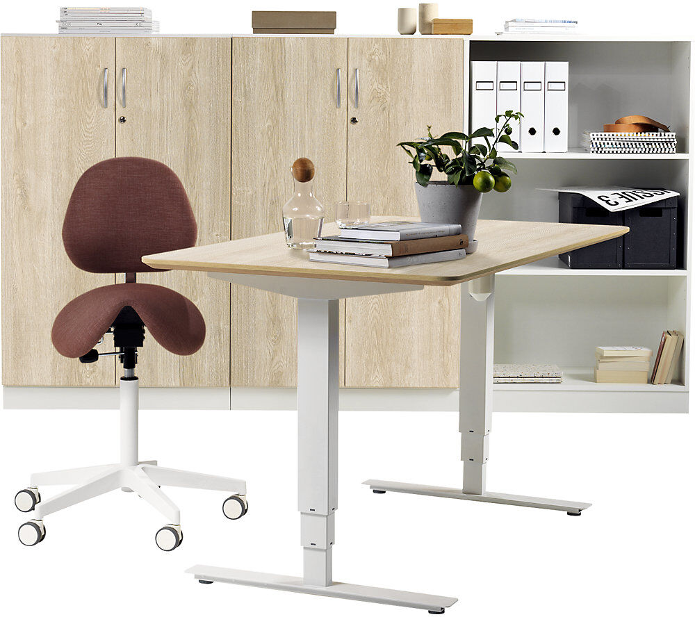 kaiserkraft Schreibtisch Atlanta Trend, elektrisch höhenverstellbar, gerade, abgerundete Ecken, BxT 1200 x 800 mm, Eiche/weiß