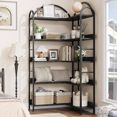 Garvee L Shaped Bookshelf Arched 5 Tier Corner Shelf,Industrial Bookcase