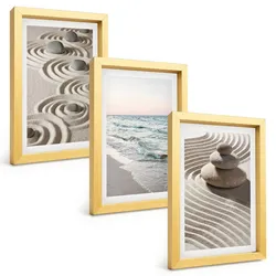 BILDER SET 3er Set - 20x30 cm Goldrahmen - Wellen, Sand, Wasser, Steine, Strand