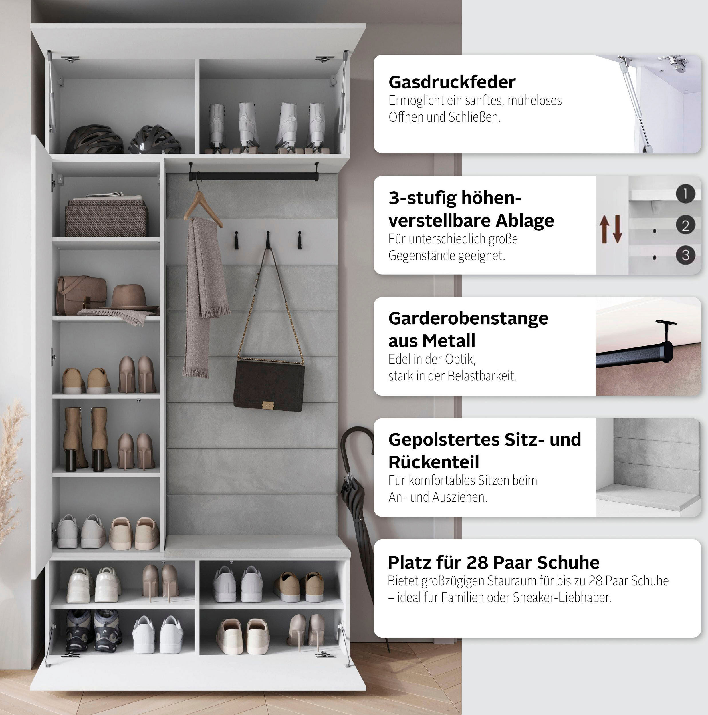 Garderoben-Set HOME AFFAIRE "TEJO", salbei, B:115cm H:231,9cm T:37,5cm, Holzwerkstoff, Kastenmöbel-Sets, Garderoben-Set, Spiegel Schrank Element flexibel links/rechts einsetzbar