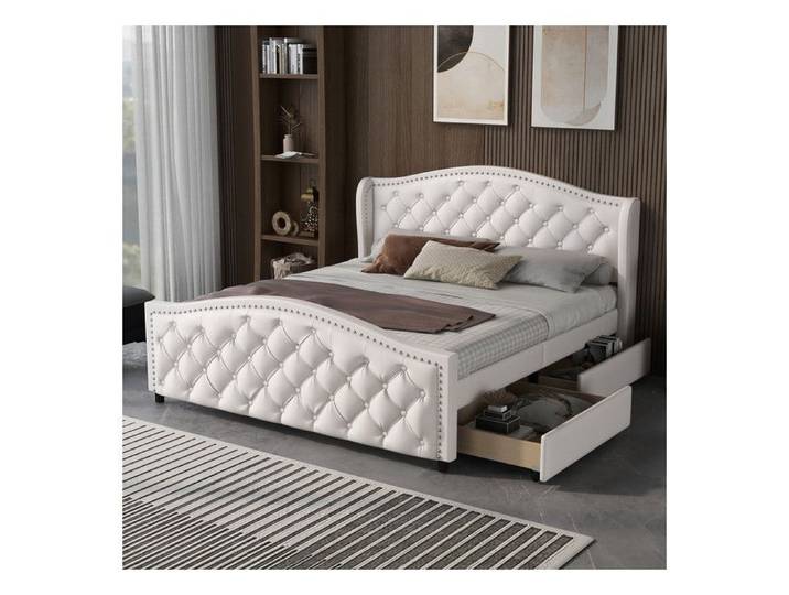 Lit 2 Personnes 160x200 cm avec Sommier à Lattes Lit 2 Personnes avec 2 Tiroirs et TêTe de Lit Lit Double Blanc