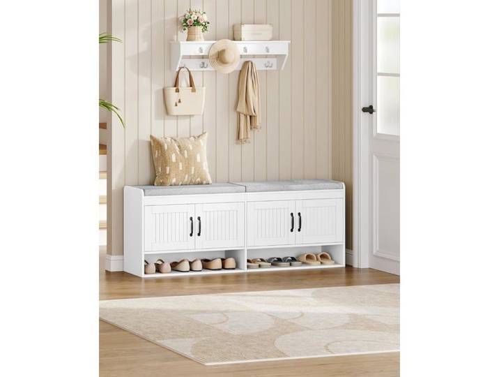 Banc à Chaussures 140 cm Étagère à Chaussures avec Siège Banc avec Espace de Rangement Espace Ouvert Rangement Caché Blanc
