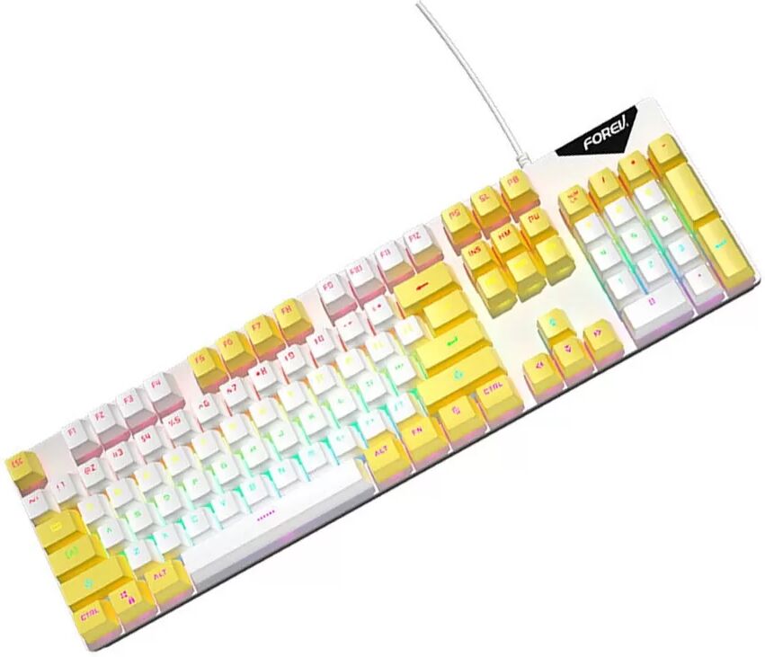 INF Mechanische Tastatur mit Kabel, Regenbogen-Hintergrundbeleuchtung, blauer Schalter, Hot-Swap-fähig, 104 Tasten Weiß+Gelb