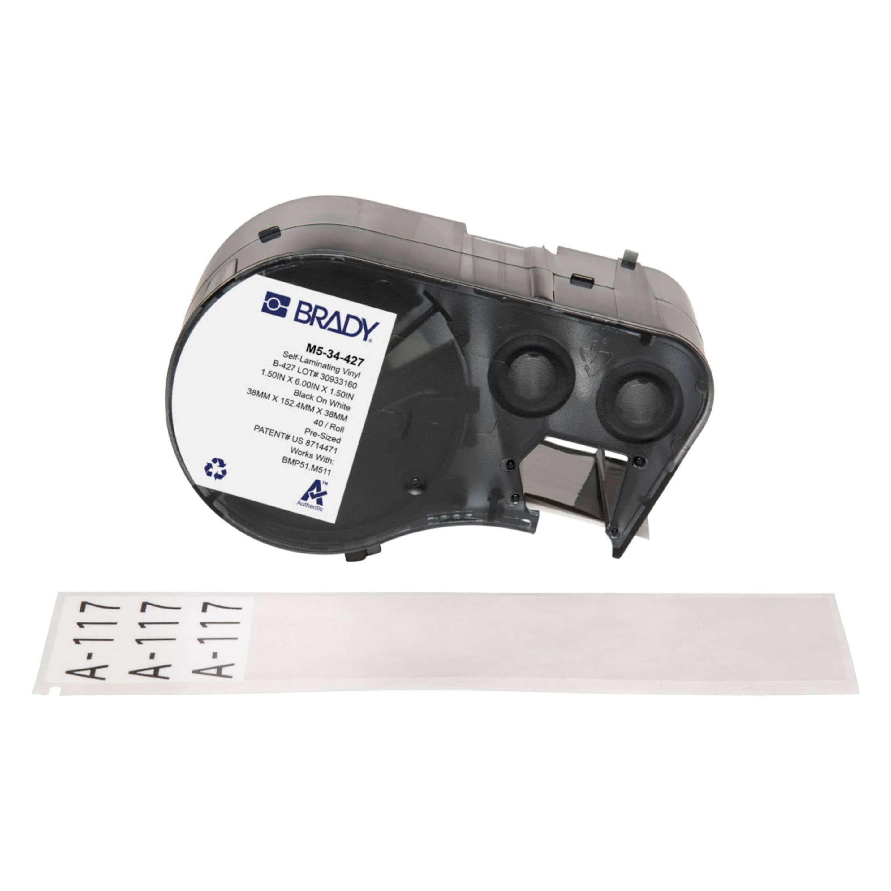 Brady M5-34-427, selbstlaminierendes Vinyl, Schwarz auf weiss/Transparent, 38.10 x 38.10(152.40) mm (38.10 mm) (M5-34-427)