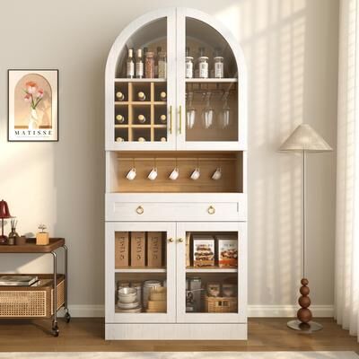 Loedds "70"" Arched Bar Cabinet with Wine Racks, Glass Holders, Hooks & Tempered Glass Doors"