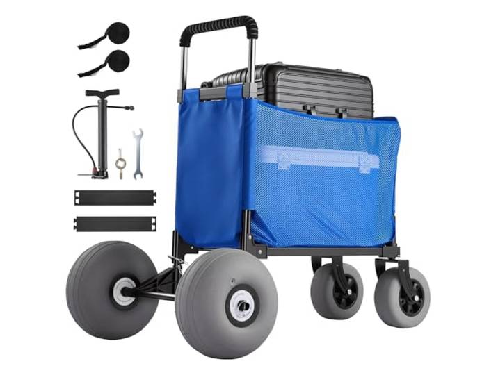 VEVOR Chariot de Plage Tout-Terrain\, Chariot de Transport Pliable Charge 75 kg\, Charette pour Camping Pêche Jardin Extérieur\, avec Roues Ballons de 30 cm\, Sac de Rangement et Hauteur Réglable