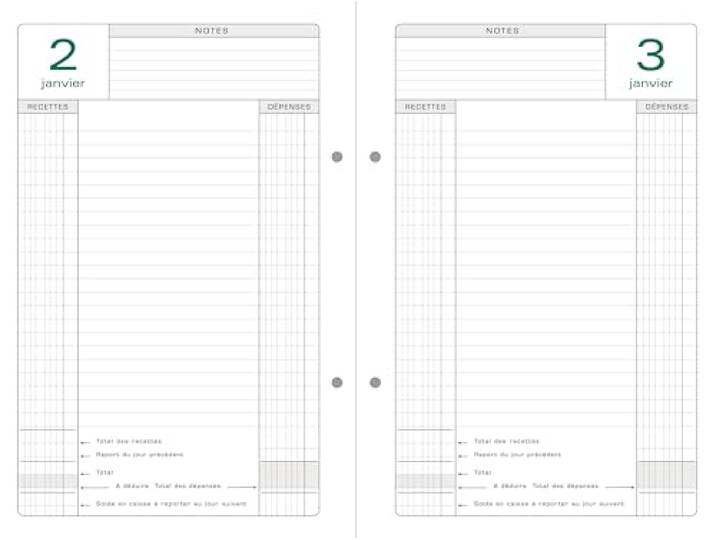 Exacompta - Recharge Agenda perpétuel de Caisse 14\,8x21cm - 12 feuillets 1 jour/page\, Sans horaire\, Pour noter les recettes et dépenses\, Papier blanc Clairefontaine