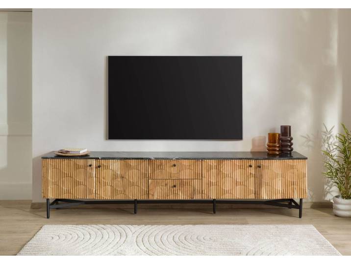 Meuble TV en bois d'Acacia 240x40x55 naturel laqué / marbre noir LONDON #107
