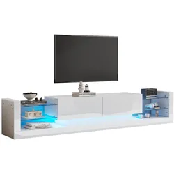 Hochglanz-TV-Schrank 181x38x38 cm mit LED-Beleuchtung für Fernseher bis 80 Zoll, Weiß, 2 Schubladen, modernes Design