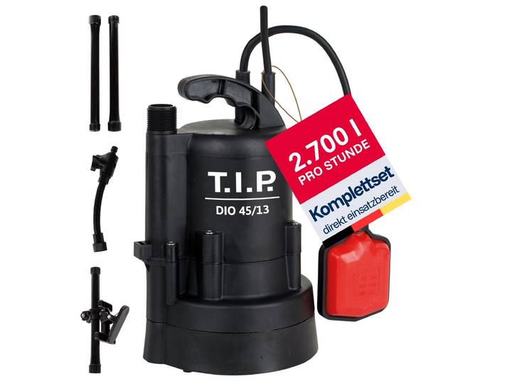 T.I.P. Tauchpumpe - Regenfasspumpe (2.700 l/h Fördermenge\, mit Durchflussmengenregler\, 13 m Förderhöhe\, 1\,3 bar Druck\, Befestigungsklammer\, Teleskoprohr mit 3 Steigrohrlemente) DIO 45/13 flex\, 30263