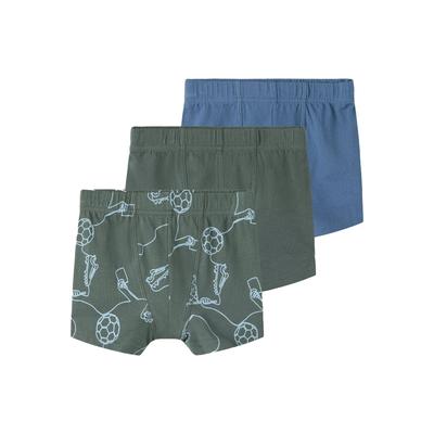 Boxershorts NAME IT "NMMTIGHTS 3P KICK OFF NOOS", Jungen, Gr. 86, 3 Stk., Jersey, grün (urban chic pack:w, vintage indigo, urban chic), Jersey, Obermaterial: 95% Baumwolle, 5% Elasthan, bedruckt, unifarben, Unterhosen, Baumwollmischung, uni und...