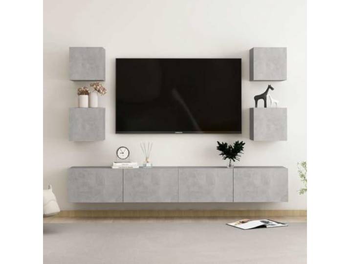 HEFZGDB 6-TLG. TV-Schrank-Set Betongrau Holzwerkstoff Wandmontage mit Staufächern für Aufbewahrung modernes Design
