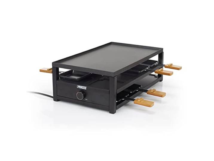 Princess Raclette-Grill, 44 x 25 cm, 1300 W, Für 8 Personen, Parkdeck Abnehmbare Platte, Antihaftbeschichtung, Pfännchen mit Bambusgriffen, Holzspatel, Leuchtring-Thermostat, 01.162655.01.001