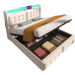 Merax Polsterbett LED Doppelbett 140x200cm mit Ladefunktion und hydraulischem Stauraum, Beige
