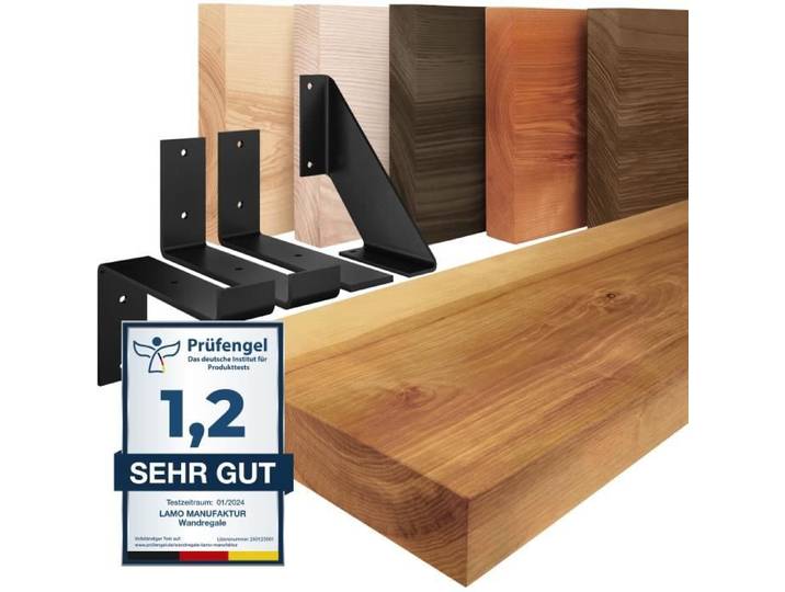 LAMO Manufaktur Étagère murale avec supports en J noirs Etagere 50 cm largeur Couleur: rustique Bord: droit