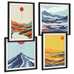 BILDER SET 4er Set - 50x50 cm & 40x60 cm Schwarzer Rahmen - Farbenfrohe abstrakte Flussberge