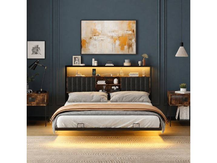Structure de Lit 160 x 200 cm VINGLI Lit Flottant avec LED Tête de Lit Tapissée avec Rangement Style Industriel Marron Vintage