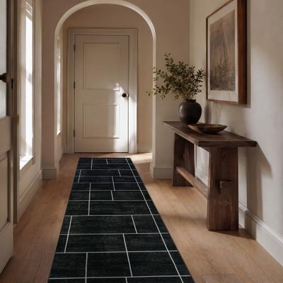 World Rug Gallery Windowpane Grid Black Machine Washable Non-Slip Backing Area Rug
