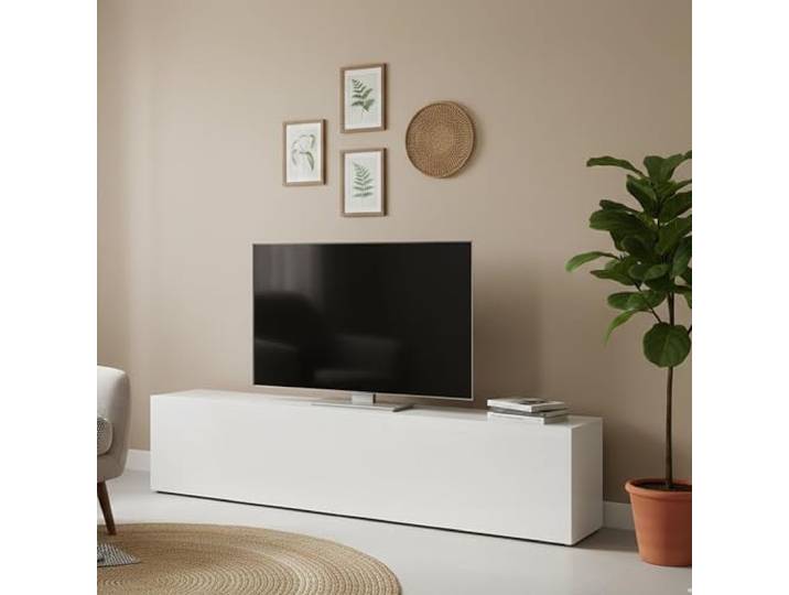 Dmora Wohnzimmer TV-Ständer, Made in Italy, TV-Ständer mit 1 Klapptür, 180x30h40 cm, glänzend weiße Farbe
