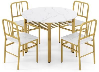 Costway 5-Piece Round Dining Table Set with Storage Shelf for Dining Room-White