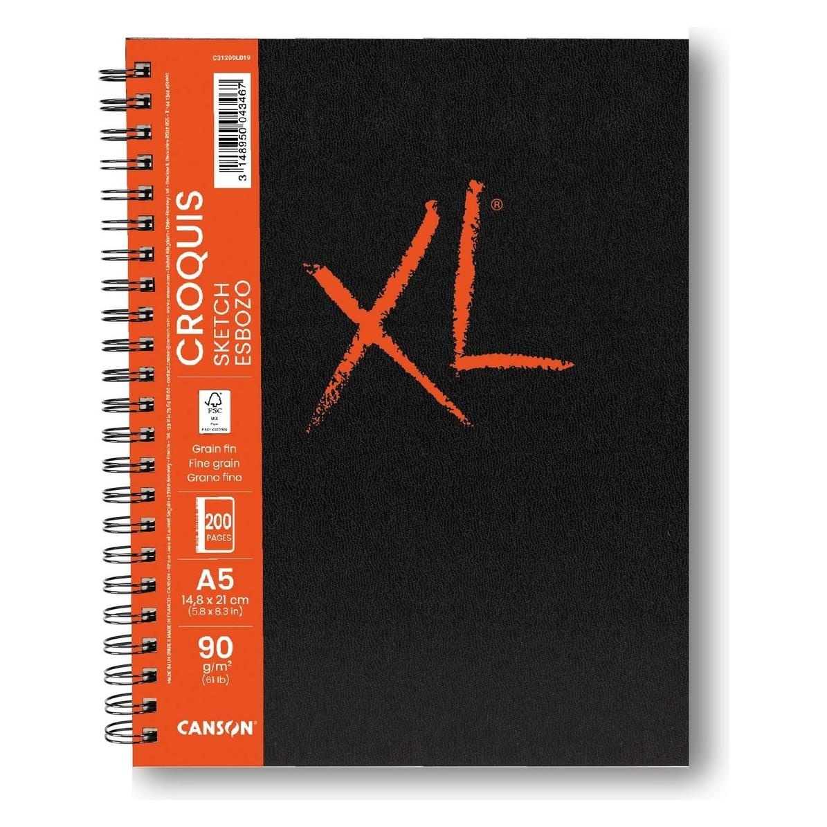 Canson Skizzenbuch XL BOOK SKETCH, DIN A5 100 Blatt, 148 x 210 mm, Hochformat, 90 g/qm, leicht gekörnt (A5, Blanko, Harter Einband) (C31200L019)