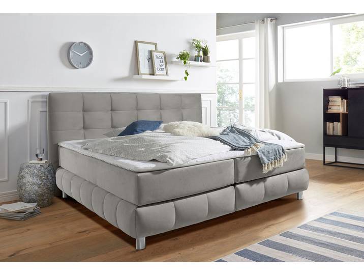 Boxspringbett, Samtoptik, Hellgrau, 174×231 cm, 7-Zonen-Kaltschaummatratze, Skandinavisch, andas