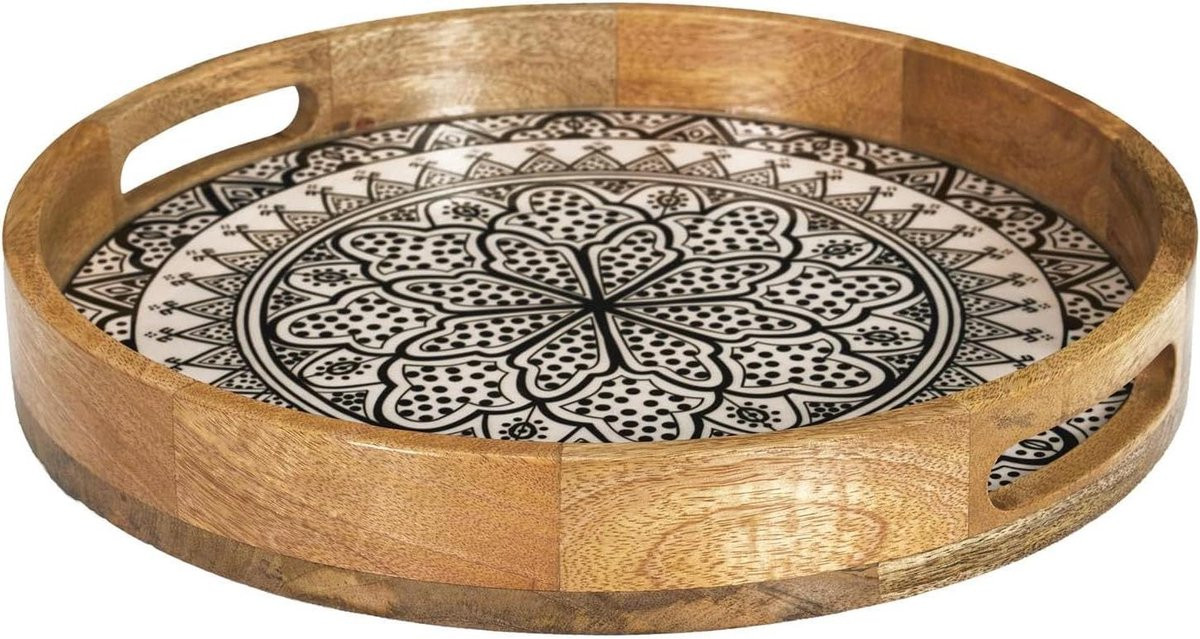 Ronde houten serveerschaal van natuurlijk mangohout in zwart, Diameter: 35 cm