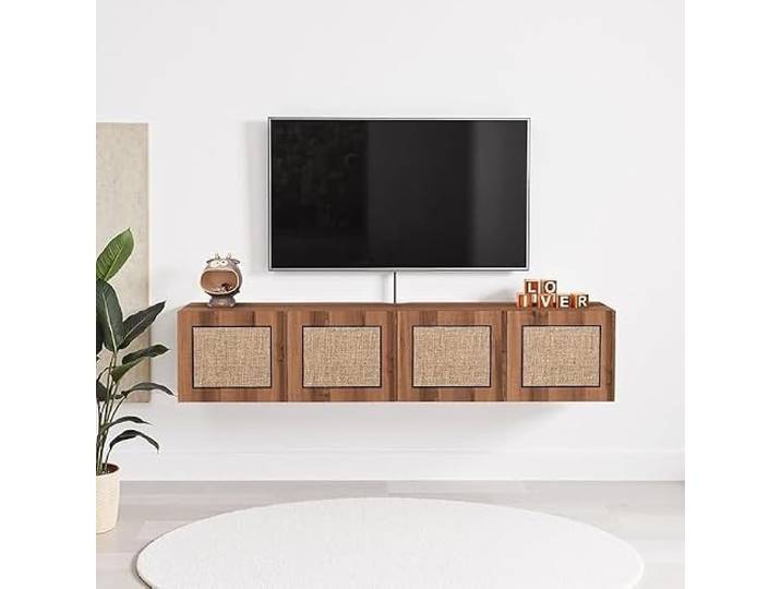 Ptasccne tv Schrank Schwimmendes TV-Regal aus massivem Holz, wandmontierter TV-Schrank aus Rattan