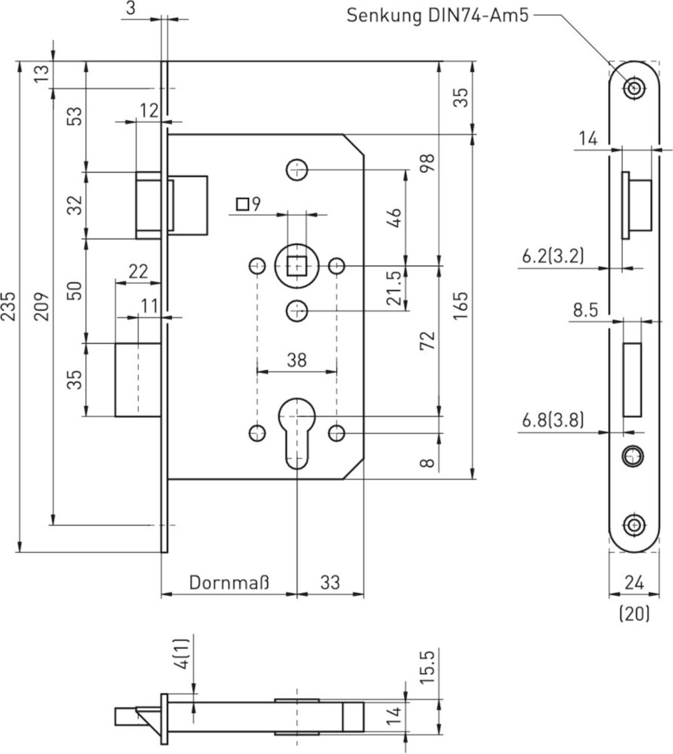 BMH Einsteckschloss, 1000,PZW72/9, D65,F24x235rd,ER,DL ; Beyer & Müller (1000.000075)