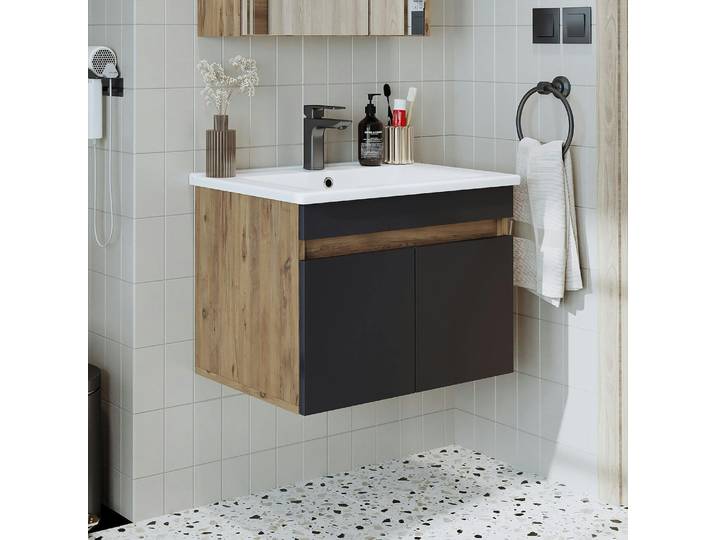 Meuble sous vasque suspendu 65 cm, 2 portes + vasque LAO - Pin et gris
