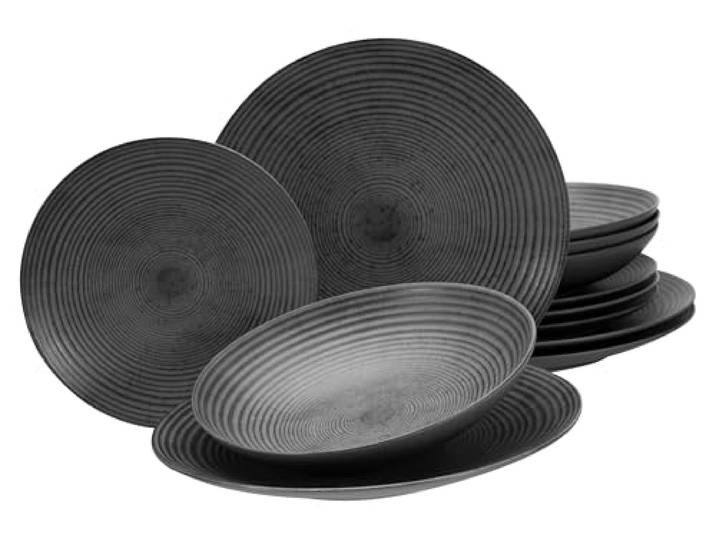 CreaTable\, 24345 Série Catania Lot de 12 assiettes en grès pour 4 personnes Anthracite Passe au lave-vaisselle et au micro-ondes Fabriqué au Portugal
