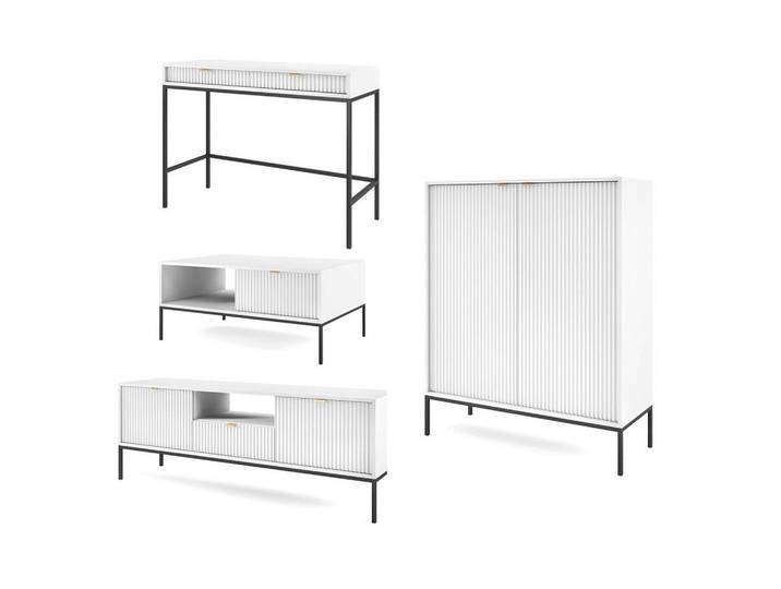 Feldmann-Wohnen Wohnzimmer-Set Nova Weiß / Schwarz 4-teilig, Metall, 10 Fächer, Rechteckig, 258x125x68 cm, Wohnzimmer, Wohnwände