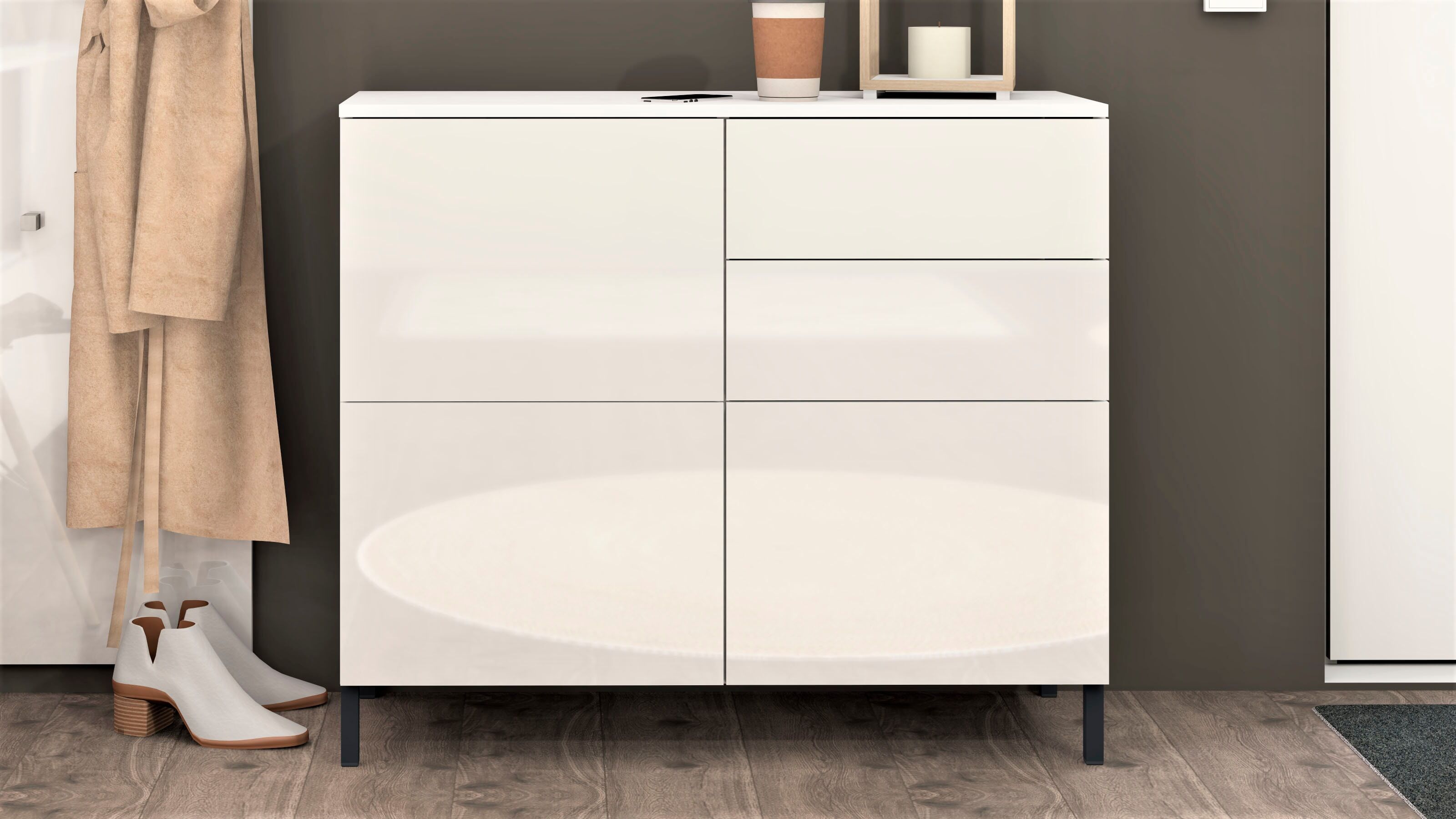 Kommode BORCHARDT MÖBEL "Haama, Sideboard mit Metallfüssen, Push-to-open-Technik, Breite 93 cm", weiss (weiß hochglanz), B:93cm H:80cm T:35cm, Holzwerkstoff, Sideboards, Kommode, Push-To-Open, verstellbare Einlegeböden, viel Stauraum, Breite 93cm weiß hoc