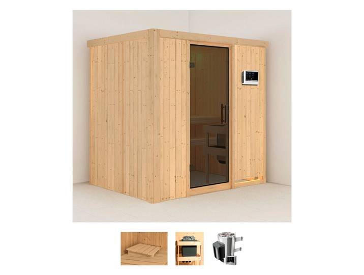 Sauna KARIBU Finja , beige (naturbelassen), Saunaofen, externe Steuerung, 3,6 kW, Saunen, Sauna, Ofen 3,6 kW externe Strg.easy