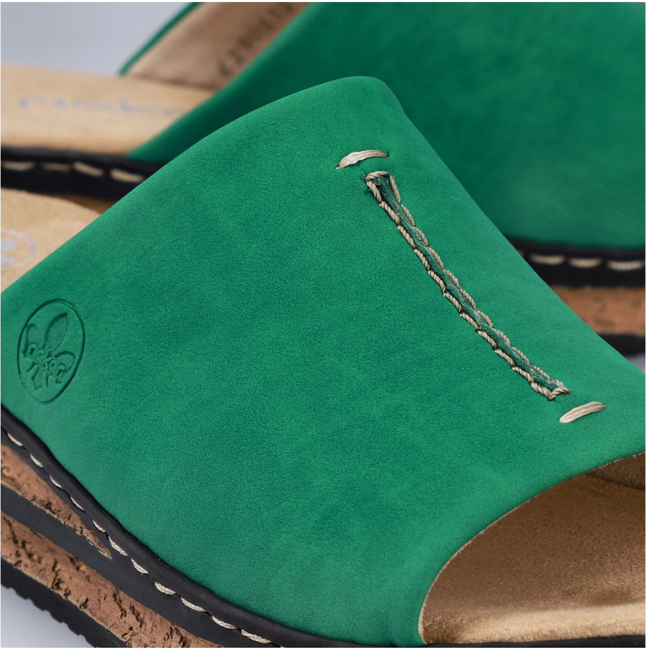Pantolette RIEKER, Damen, Gr. 42, Textil, grün (smaragd), Lederimitat, Schuhe Pantolette, Keilabsatz, Sommerschuh, modische Keilsohle smaragd 42, Textil