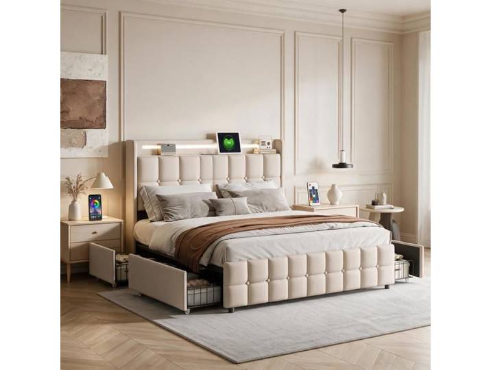 180x200 cm Lit coffre lit double avec LED et USB lit 180x200 avec sommier cadre de lit avec 4 tiroirs litcoffre 180x200 coffre Beige