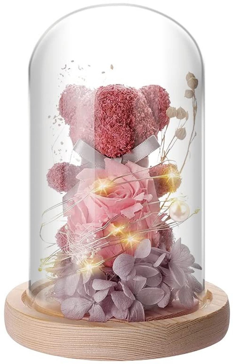 Dailygoods IVEOPPE Eeuwige rozenbeer in glas met led-licht en houten sokkel