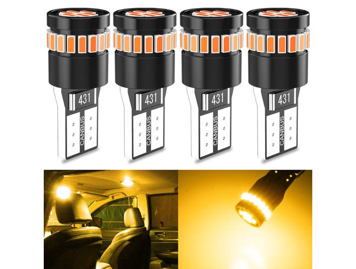 KATUR 194 168 2825 Ampoules LED W5W T10 24 SMD, compatible CANBUS sans erreur, pour plaque d’immatriculation, forme convexe, 3014 (4 pièces, jaune ambré)